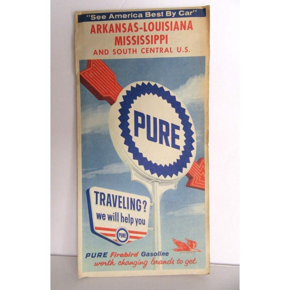Vintage Map Pure Gas Road Arkansas Louisiana Mississippi S Central US Road -GL16